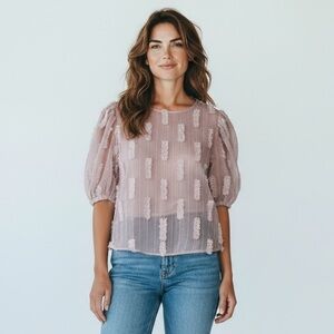 YUMI KIM - SIZE MEDIUM - PINKISH MAUVE - SHEER PUFF‎ SLEEVES BLOUSE TOP B22